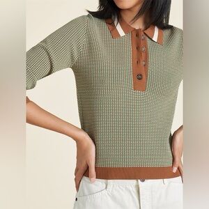 Veronica Beard Knit Polo Sweater L Green Brown Jacquard Viscose Collared Top